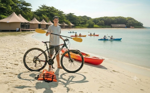 Group of adventurers enjoying kayaking at St John Islands in Singapore