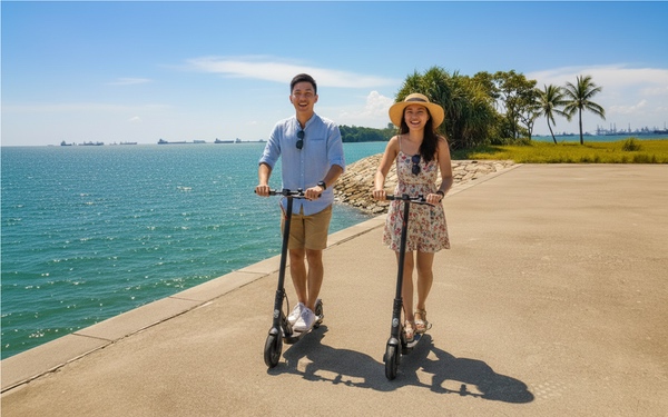 Couple enjoying themselves with kick scooter by the sea with Gogreen