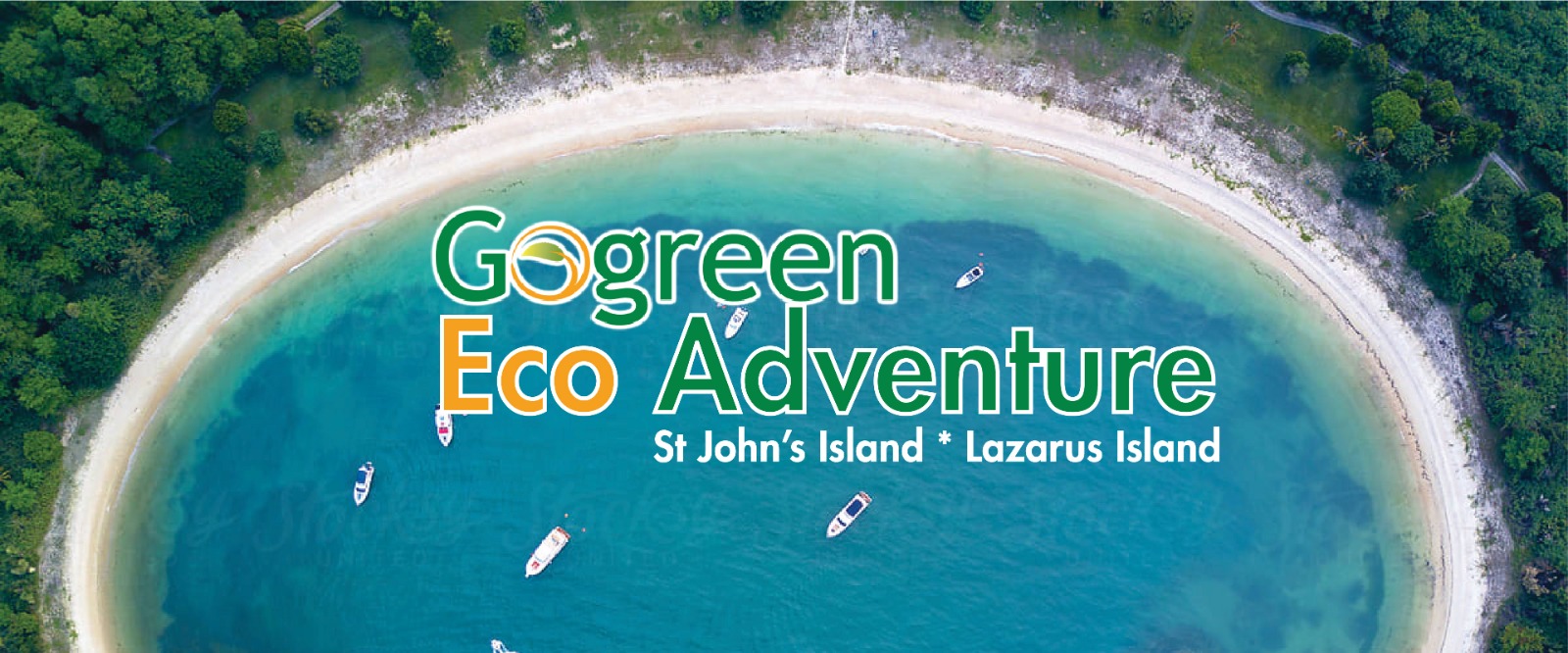 Beautiful white beach with yacht at Lazarus Island with Gogreen